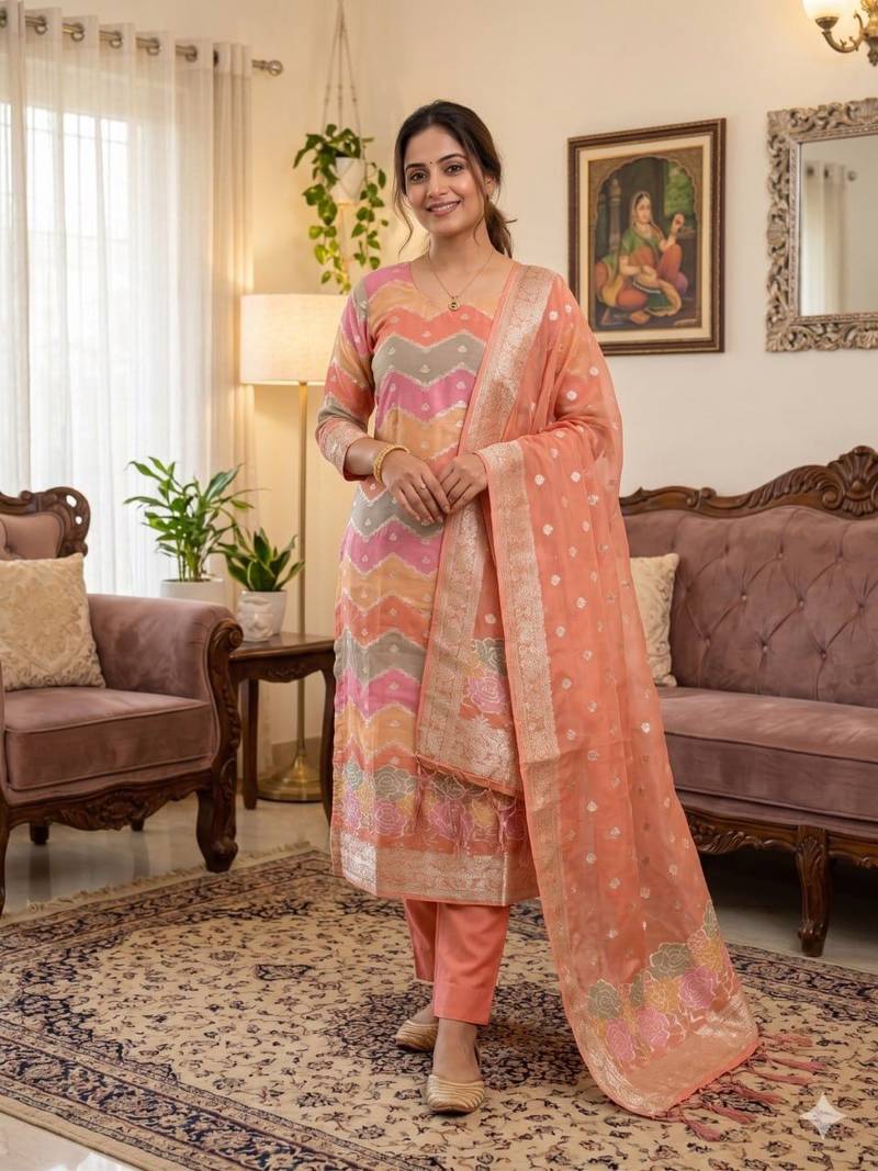 Peach organza banarasi jacquard dress material suit