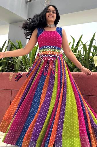 NAVRATRI WEAR MULTI GEORGETTE PRINTED LEHENGA CHOLI FULL STITCHED