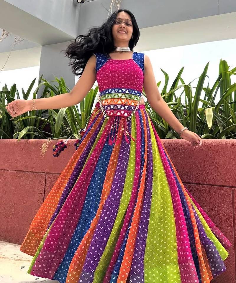 NAVRATRI WEAR MULTICOLOR GEORGETTE PRINTED LEHENGA CHOLI FULL STITCHED
