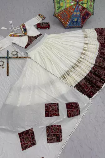 NAVRATRI WEAR WHITE COTTON PRINT & CONVAS PATTA WORK LEHENGA CHOLI FREE SIZE FULL STITCHED