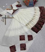 NAVRATRI WEAR WHITE COLOR COTTON PRINT & CONVAS PATTA WORK LEHENGA CHOLI FREE SIZE FULL STITCHED.
