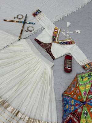 NAVRATRI WEAR WHITE COTTON PRINT & CONVAS PATTA WORK LEHENGA CHOLI FREE SIZE FULL STITCHED 2
