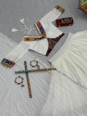 NAVRATRI WEAR WHITE COTTON PRINT & CONVAS PATTA WORK LEHENGA CHOLI FREE SIZE FULL STITCHED 3
