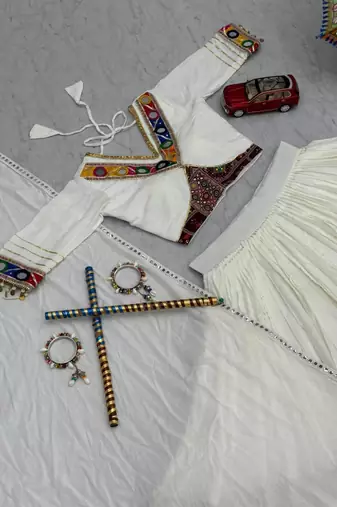 NAVRATRI WEAR WHITE COTTON PRINT & CONVAS PATTA WORK LEHENGA CHOLI FREE SIZE FULL STITCHED