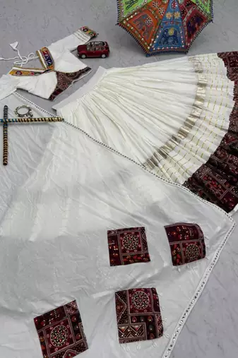 NAVRATRI WEAR WHITE COTTON PRINT & CONVAS PATTA WORK LEHENGA CHOLI FREE SIZE FULL STITCHED