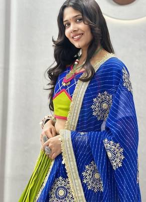 NAVRATRI  LEMON GREEN COTTON RIBBON & LAMPI LACE WORK LEHENGA CHOLI FULL-STITCHED 1