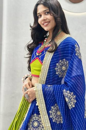 NAVRATRI WEAR LEMON GREEN COTTON RIBBON & LAMPI LACE WORK LEHENGA CHOLI FULL-STITCHED