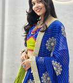 NAVRATRI WEAR LEMON GREEN COLOR COTTON RIBBON & LAMPI LACE WORK LEHENGA CHOLI FULL-STITCHED
