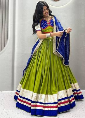 NAVRATRI  LEMON GREEN COTTON RIBBON & LAMPI LACE WORK LEHENGA CHOLI FULL-STITCHED 3