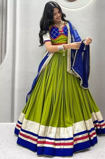 NAVRATRI WEAR LEMON GREEN COTTON RIBBON & LAMPI LACE WORK LEHENGA CHOLI FULL-STITCHED