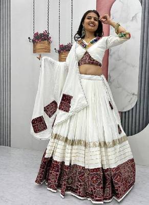 NAVRATRI WEAR WHITE COTTON PRINT & CONVAS PATTA WORK LEHENGA CHOLI FREE SIZE FULL STITCHED 5