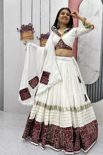 NAVRATRI WEAR WHITE COTTON PRINT & CONVAS PATTA WORK LEHENGA CHOLI FREE SIZE FULL STITCHED