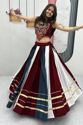 NAVRATRI WEAR MULTI RAYON COTTON PRINT & CONVAS PATTA WORK LEHENGA CHOLI FREE SIZE FULL STITCHED