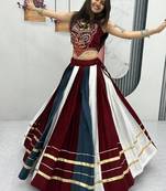 NAVRATRI WEAR MULTI COLOR RAYON COTTON PRINT & CONVAS PATTA WORK LEHENGA CHOLI FREE SIZE FULL STITCHED.