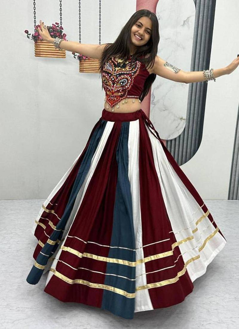 NAVRATRI WEAR MULTI COLOR RAYON COTTON PRINT & CONVAS PATTA WORK LEHENGA CHOLI FREE SIZE FULL STITCHED.