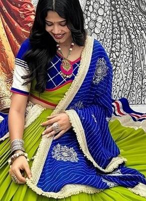 NAVRATRI  LEMON GREEN COTTON RIBBON & LAMPI LACE WORK LEHENGA CHOLI FULL-STITCHED 4