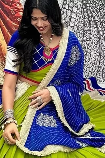 NAVRATRI WEAR LEMON GREEN COTTON RIBBON & LAMPI LACE WORK LEHENGA CHOLI FULL-STITCHED
