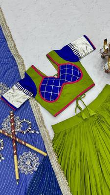 NAVRATRI  LEMON GREEN COTTON RIBBON & LAMPI LACE WORK LEHENGA CHOLI FULL-STITCHED 5