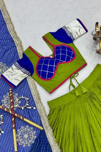 NAVRATRI WEAR LEMON GREEN COTTON RIBBON & LAMPI LACE WORK LEHENGA CHOLI FULL-STITCHED