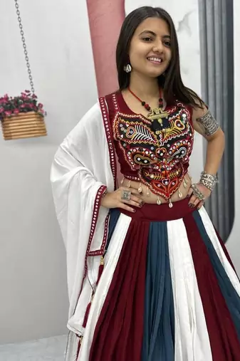 NAVRATRI WEAR MULTI RAYON COTTON PRINT & CONVAS PATTA WORK LEHENGA CHOLI FREE SIZE FULL STITCHED