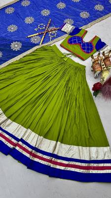NAVRATRI  LEMON GREEN COTTON RIBBON & LAMPI LACE WORK LEHENGA CHOLI FULL-STITCHED 6