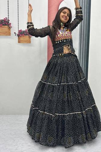 NAVRATRI WEAR BLACK PURE FAUX GEORGETTE PRINT LEHENGA CHOLI FREE SIZE FULL STITCHED