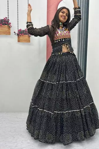 NAVRATRI WEAR BLACK PURE FAUX GEORGETTE PRINT LEHENGA CHOLI FREE SIZE FULL STITCHED