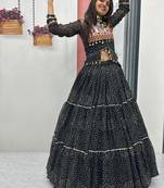 NAVRATRI WEAR BLACK COLOR PURE FAUX GEORGETTE PRINT LEHENGA CHOLI FREE SIZE FULL STITCHED.