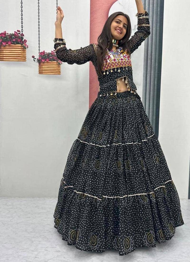 NAVRATRI WEAR BLACK COLOR PURE FAUX GEORGETTE PRINT LEHENGA CHOLI FREE SIZE FULL STITCHED.