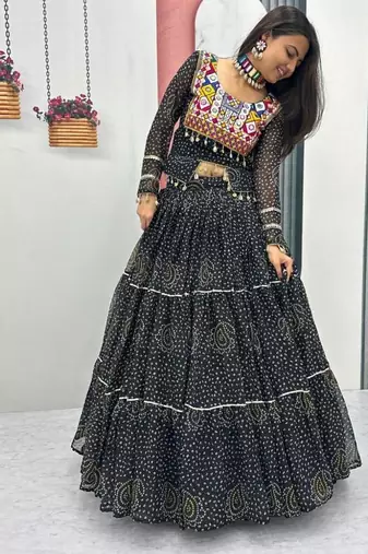 NAVRATRI WEAR BLACK PURE FAUX GEORGETTE PRINT LEHENGA CHOLI FREE SIZE FULL STITCHED