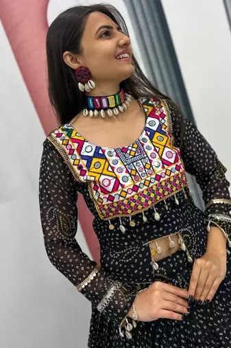 NAVRATRI WEAR BLACK PURE FAUX GEORGETTE PRINT LEHENGA CHOLI FREE SIZE FULL STITCHED