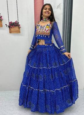 NAVRATRI WEAR BLUE PURE FAUX GEORGETTE PRINT LEHENGA CHOLI FREE SIZE FULL STITCHED 1
