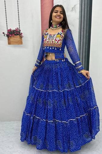 NAVRATRI WEAR BLUE PURE FAUX GEORGETTE PRINT LEHENGA CHOLI FREE SIZE FULL STITCHED