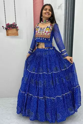NAVRATRI WEAR BLUE PURE FAUX GEORGETTE PRINT LEHENGA CHOLI FREE SIZE FULL STITCHED