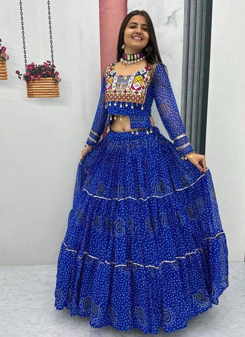 NAVRATRI WEAR BLUE COLOR PURE FAUX GEORGETTE PRINT LEHENGA CHOLI FREE SIZE FULL STITCHED.