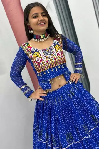 NAVRATRI WEAR BLUE PURE FAUX GEORGETTE PRINT LEHENGA CHOLI FREE SIZE FULL STITCHED