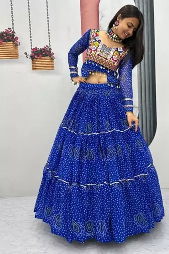 NAVRATRI WEAR BLUE PURE FAUX GEORGETTE PRINT LEHENGA CHOLI FREE SIZE FULL STITCHED
