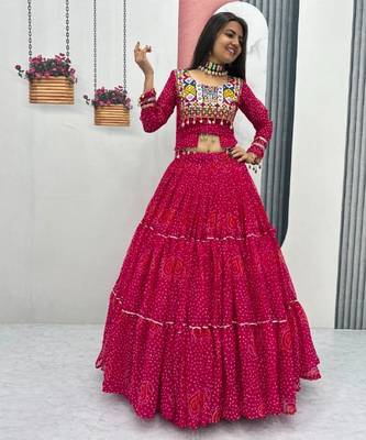 NAVRATRI WEAR PINK PURE FAUX GEORGETTE PRINT LEHENGA CHOLI FREE SIZE FULL STITCHED 1