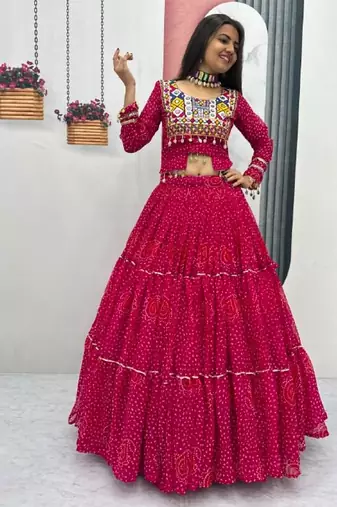 NAVRATRI WEAR PINK PURE FAUX GEORGETTE PRINT LEHENGA CHOLI FREE SIZE FULL STITCHED.