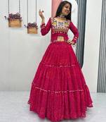 NAVRATRI WEAR PINK COLOR PURE FAUX GEORGETTE PRINT LEHENGA CHOLI FREE SIZE FULL STITCHED.