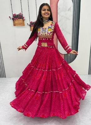 NAVRATRI WEAR PINK PURE FAUX GEORGETTE PRINT LEHENGA CHOLI FREE SIZE FULL STITCHED 3