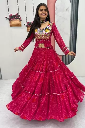 NAVRATRI WEAR PINK PURE FAUX GEORGETTE PRINT LEHENGA CHOLI FREE SIZE FULL STITCHED.