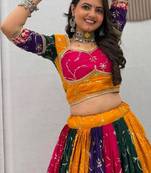 NAVRATRI WEAR MULTI COLOR MILKI SILK THREAD SEQUEINCE EMBROIDERED WORK LEHENGA CHOLI FREE SIZE FULL STITCHED.