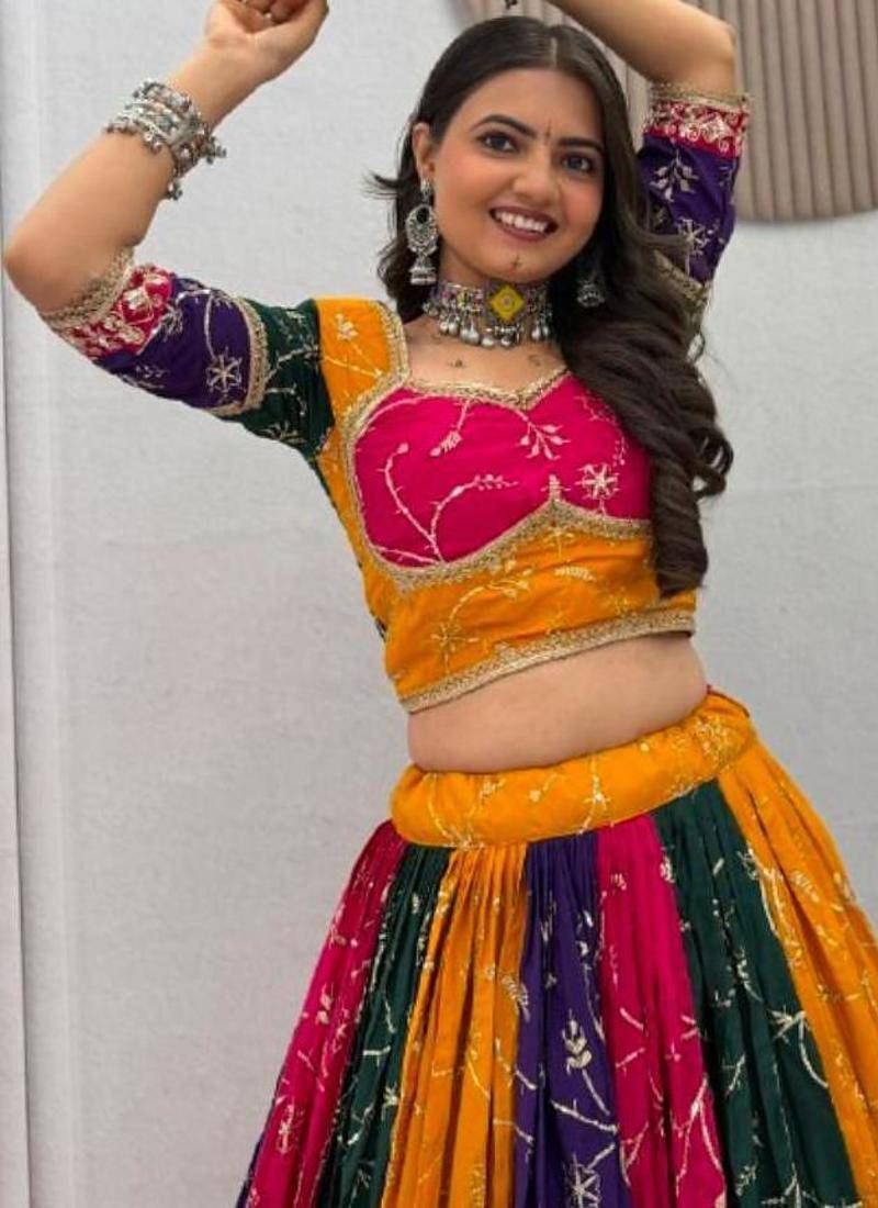 NAVRATRI WEAR MULTI COLOR MILKI SILK THREAD SEQUEINCE EMBROIDERED WORK LEHENGA CHOLI FREE SIZE FULL STITCHED.