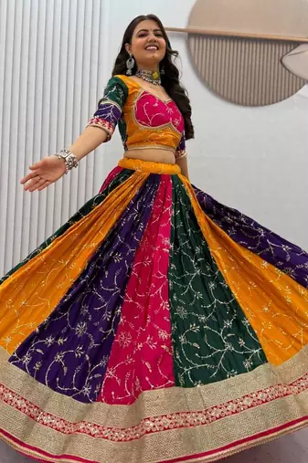 NAVRATRI WEAR MULTI MILKI SILK THREAD SEQUEINCE EMBROIDERED WORK LEHENGA CHOLI FREE SIZE FULL STITCHED.