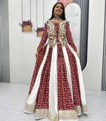 NAVRATRI WEAR WHITE-MULTI COLOR COTTON SOLID PRINT WORK LEHENGA CHOLI FREE SIZE FULL STITCHED.