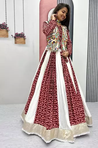 NAVRATRI WEAR WHITE-MULTI COTTON SOLID PRINT WORK LEHENGA CHOLI FREE SIZE FULL STITCHED