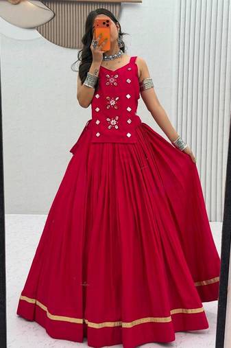 NAVRATRI WEAR PINK SOLID COTTON LEHENGA CHOLI FREE SIZE FULL STITCHED