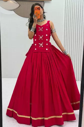 NAVRATRI WEAR PINK SOLID COTTON LEHENGA CHOLI FREE SIZE FULL STITCHED.