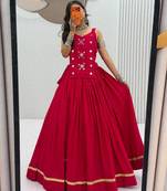 NAVRATRI WEAR PINK COLOR SOLID COTTON LEHENGA CHOLI FREE SIZE FULL STITCHED.